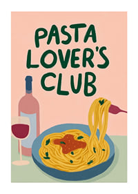 Färgglad poster med pasta och ett glas vin som lockar till middag.-1