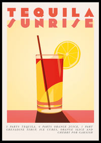 Een kleurrijke cocktailposter van Tequila Sunrise die zonnige vreugde verspreidt.-0