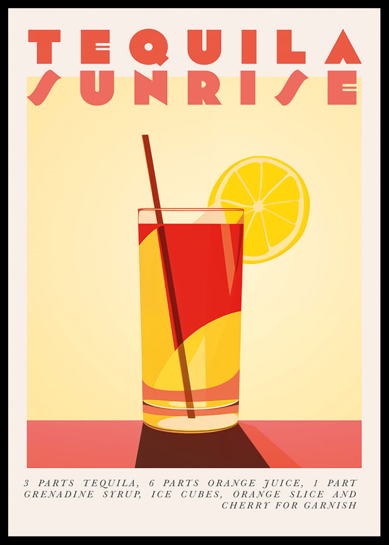 Een kleurrijke cocktailposter van Tequila Sunrise die zonnige vreugde verspreidt.-12