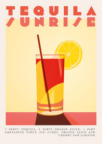 Een kleurrijke cocktailposter van Tequila Sunrise die zonnige vreugde verspreidt.-1