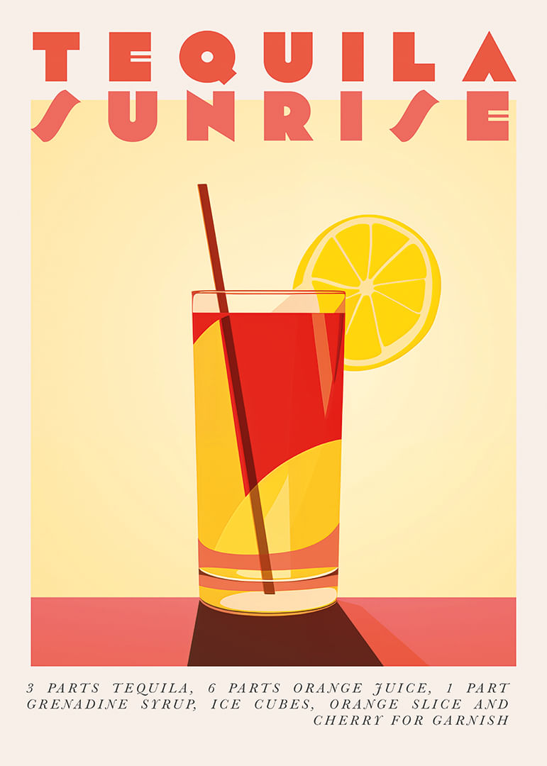 Een kleurrijke cocktailposter van Tequila Sunrise die zonnige vreugde verspreidt.-12