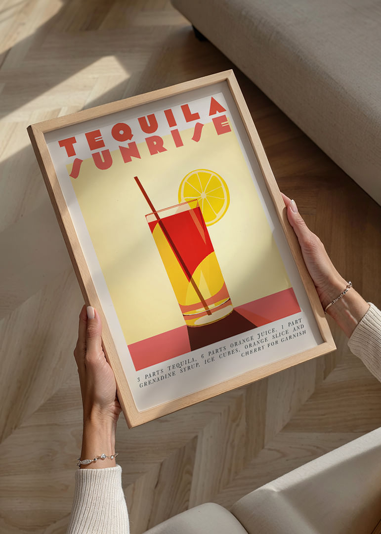 Een kleurrijke cocktailposter van Tequila Sunrise die zonnige vreugde verspreidt.-12