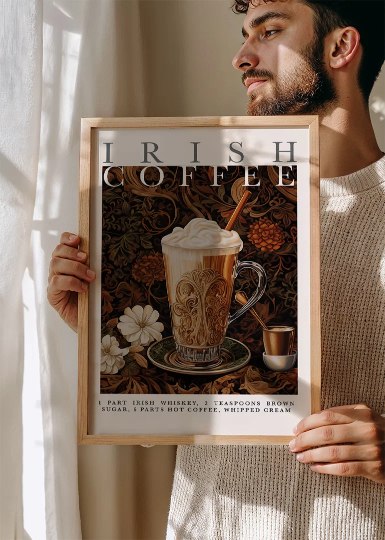 En elegant poster av Irish Coffee med rika detaljer och värme.-12