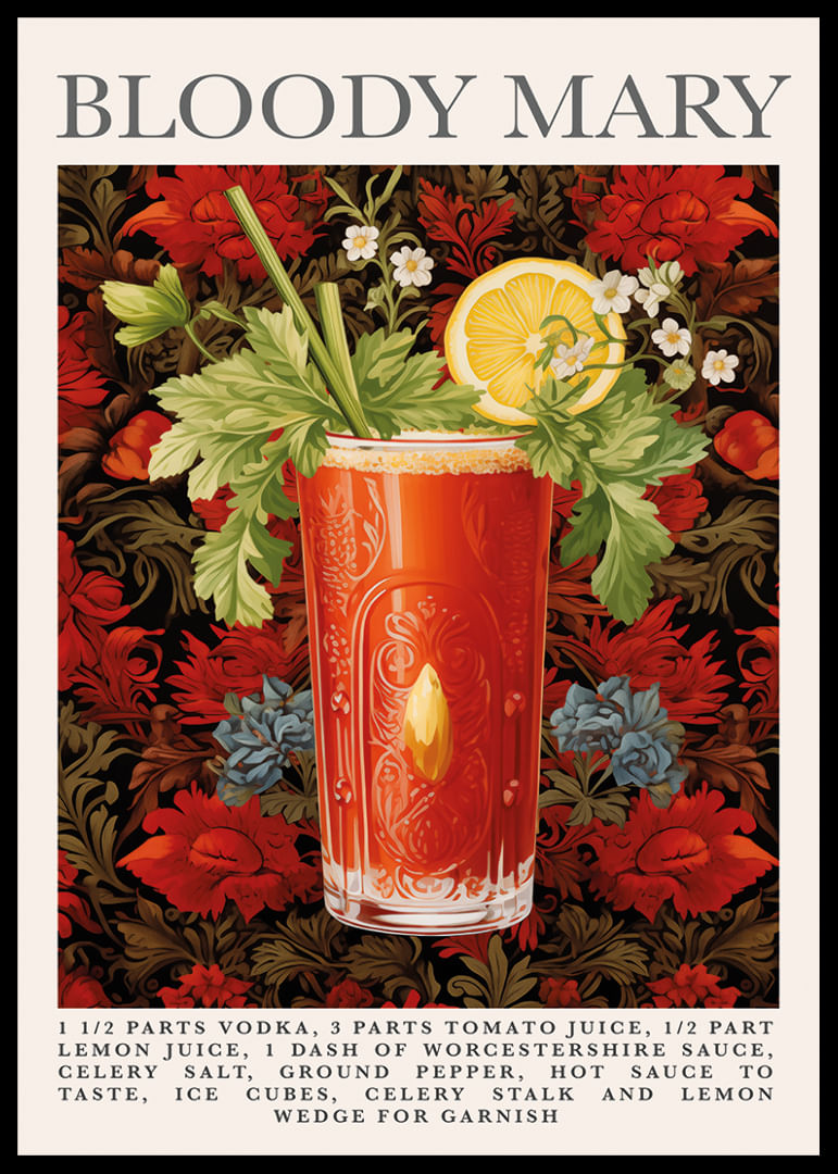 Egy Bloody Mary plakát, amely virágokat és koktélművészetet ötvöz.-12