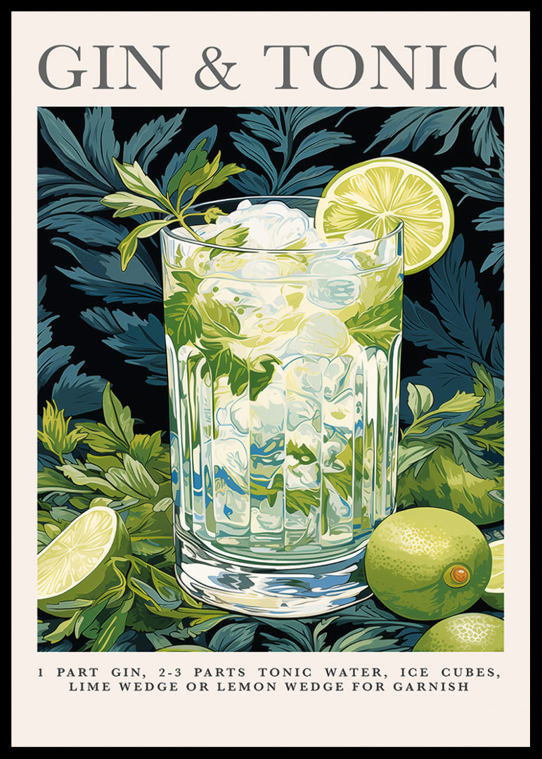 Fresh gin and tonic with lime slices in a green forest theme.-12
