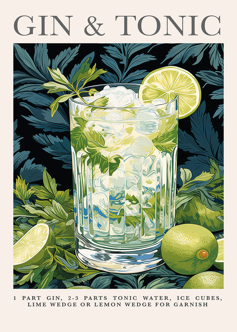 Fresh gin and tonic with lime slices in a green forest theme.-12