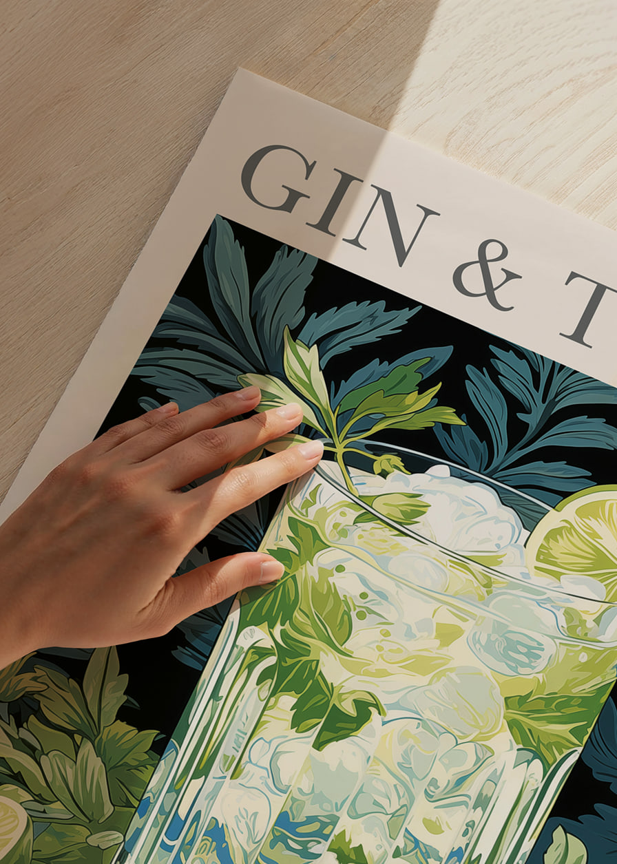 Fresh gin and tonic with lime slices in a green forest theme.-12