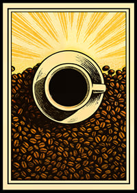A cup of coffee surrounded by bright sun and coffee beans.-0