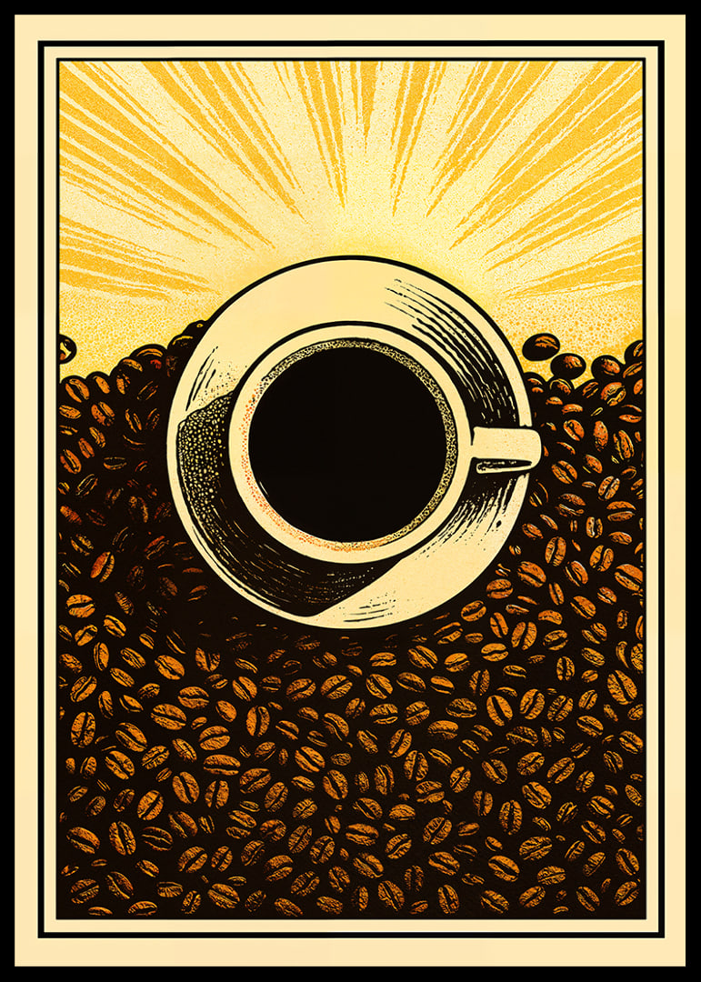 A cup of coffee surrounded by bright sun and coffee beans.-12