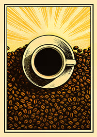 A cup of coffee surrounded by bright sun and coffee beans.-1