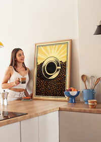 A cup of coffee surrounded by bright sun and coffee beans.-2