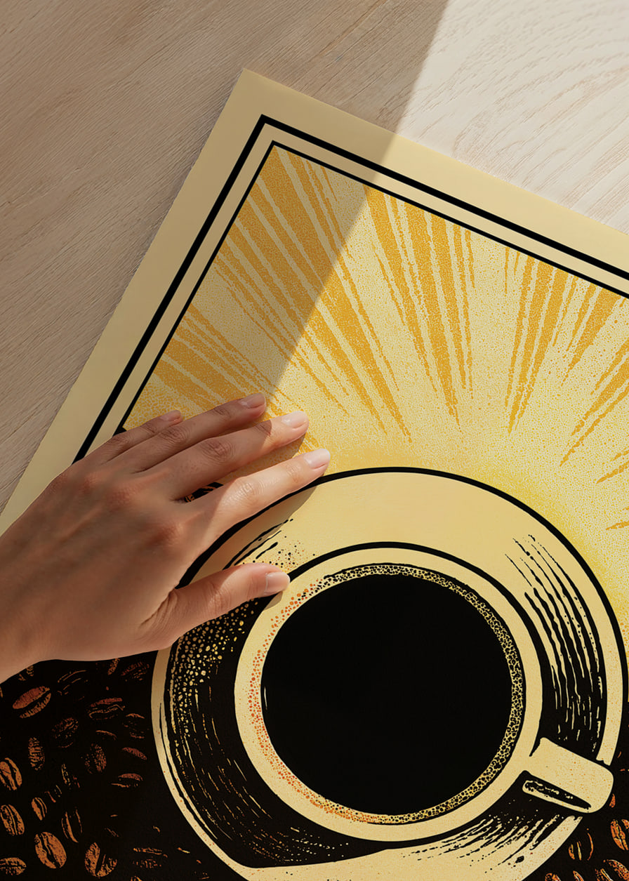 A cup of coffee surrounded by bright sun and coffee beans.-12
