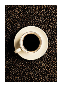 En perfekt vit kopp omgiven av mörka kaffebönor.-1
