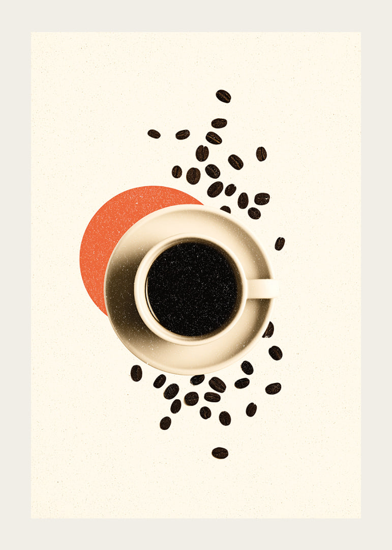 En kopp kaffe omgiven av kaffebönor skapar värme och lugn.-12