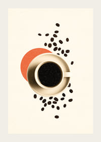 En kopp kaffe omgitt av kaffebønner skaper varme og ro.-3