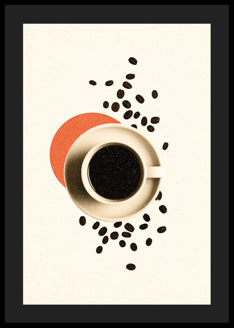 En kopp kaffe omgitt av kaffebønner skaper varme og ro.-12