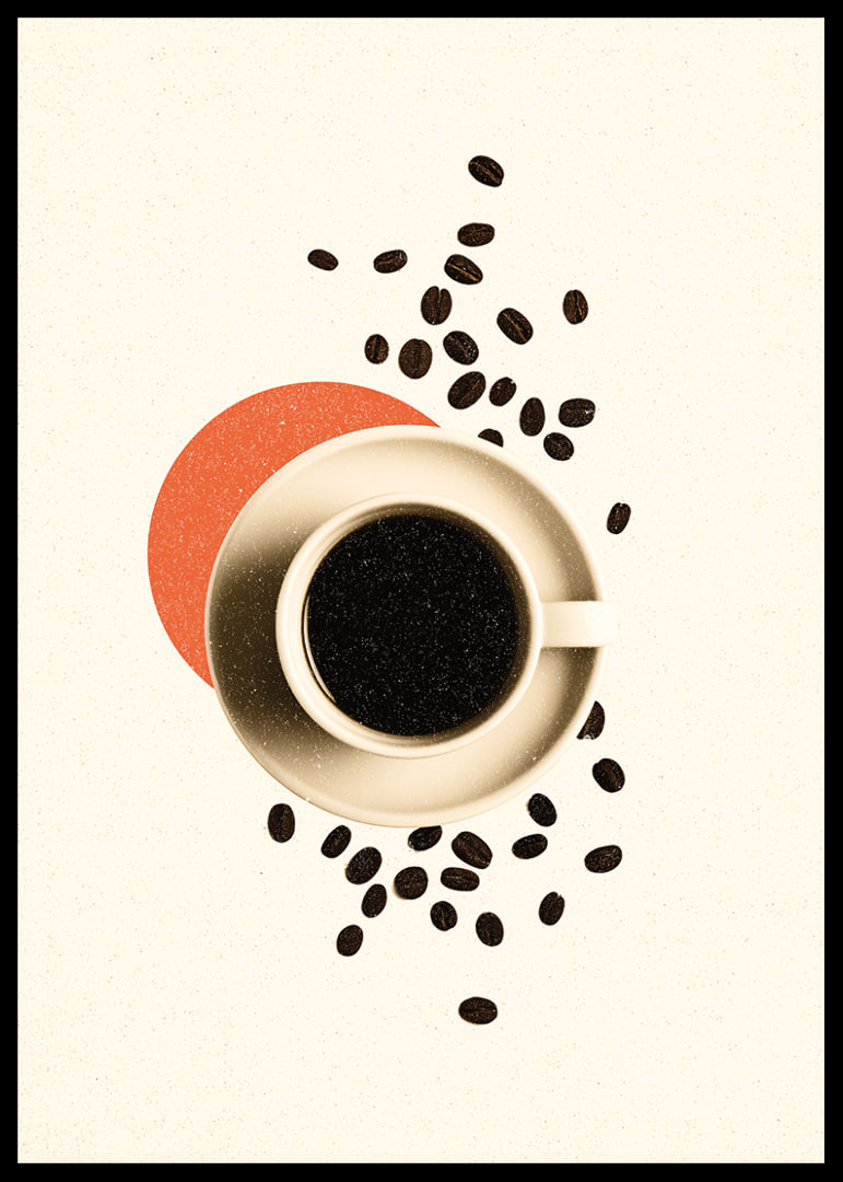 En kopp kaffe omgiven av kaffebönor skapar värme och lugn.-12