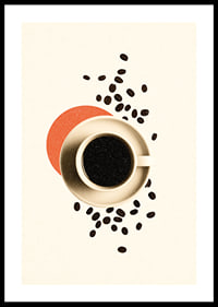 En kopp kaffe omgiven av kaffebönor skapar värme och lugn.-0
