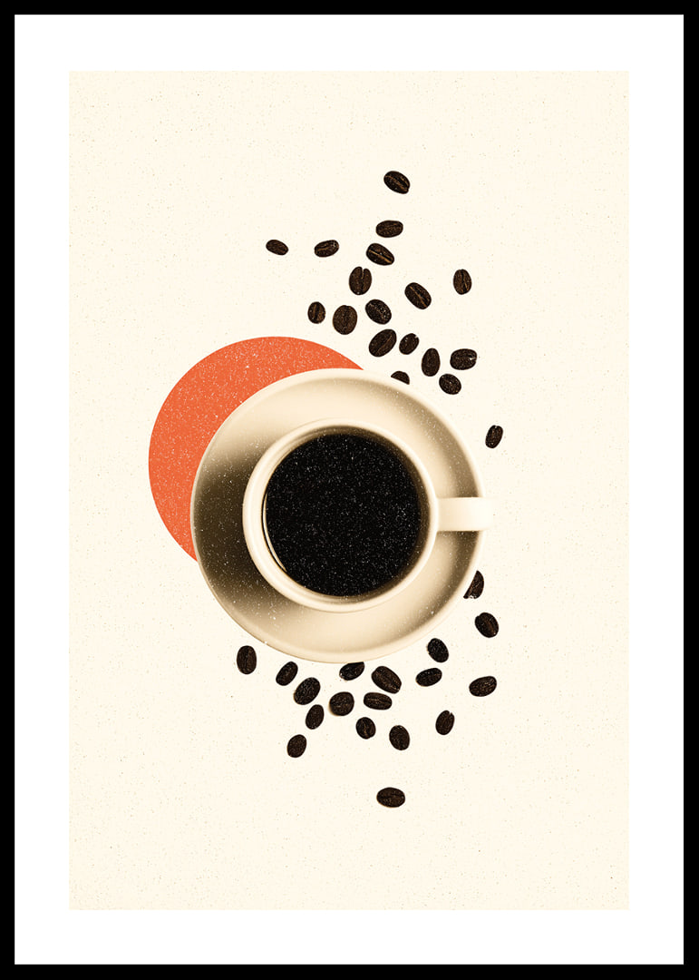 En kopp kaffe omgiven av kaffebönor skapar värme och lugn.-12