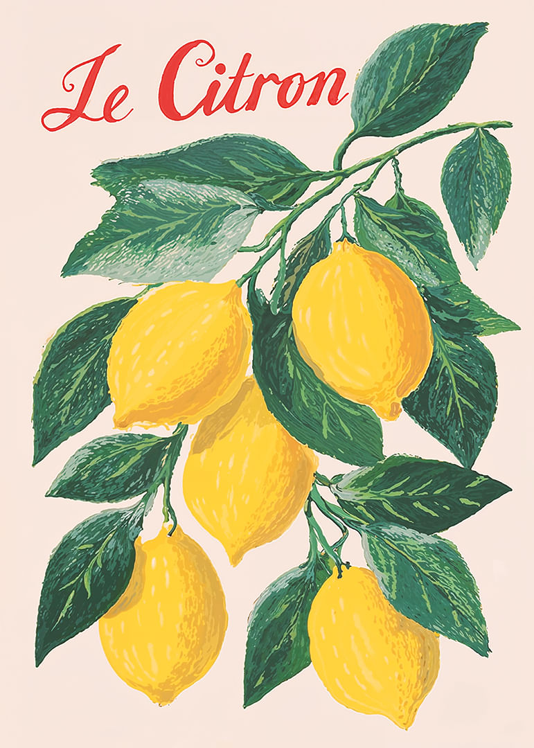 Levendige poster van een citroentakje met intense kleuren en charme.-12