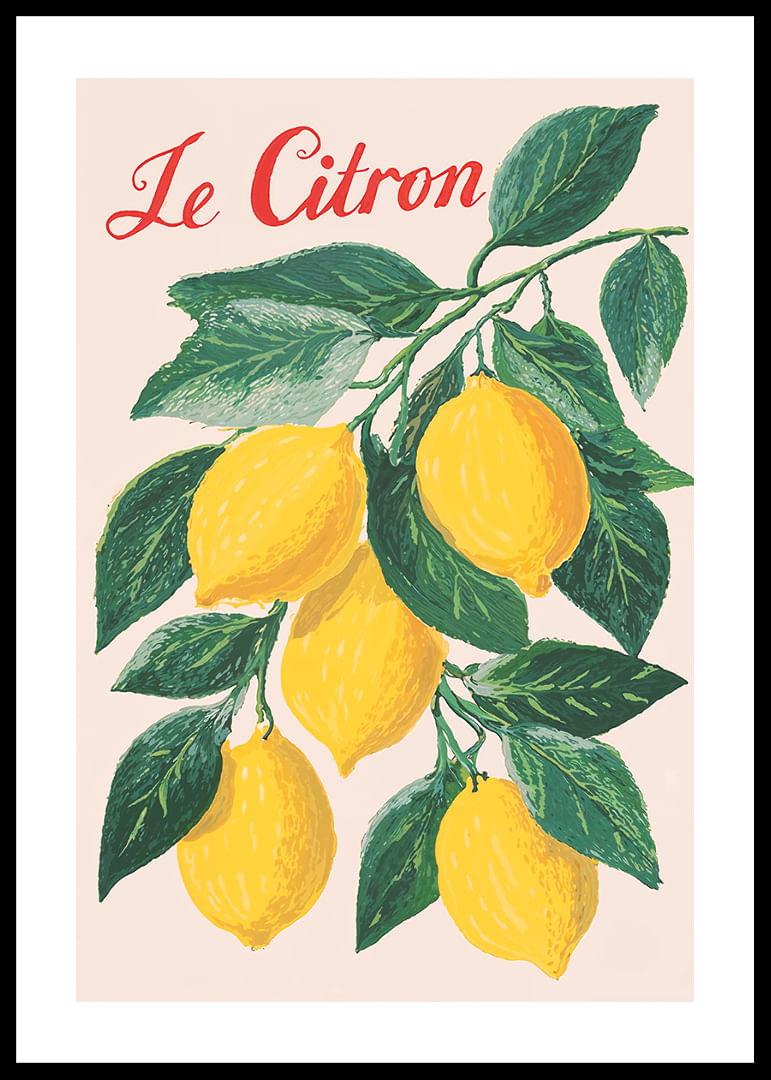 Levendige poster van een citroentakje met intense kleuren en charme.-12