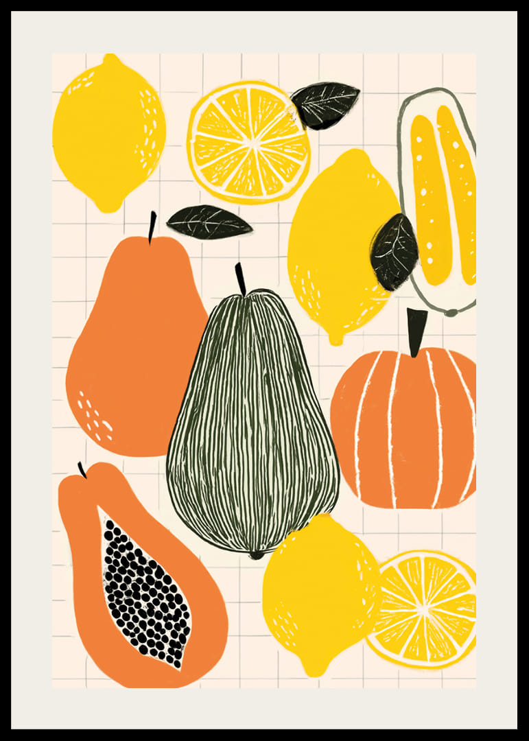 Farebné ovocie a zelenina vytvárajú hravý plagát.-12