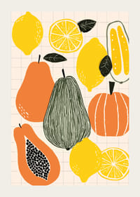 Farebné ovocie a zelenina vytvárajú hravý plagát.-3