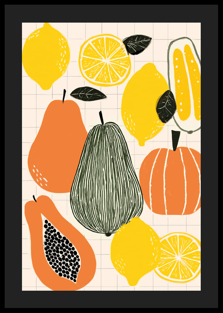 Farebné ovocie a zelenina vytvárajú hravý plagát.-12