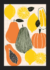 Farebné ovocie a zelenina vytvárajú hravý plagát.-5