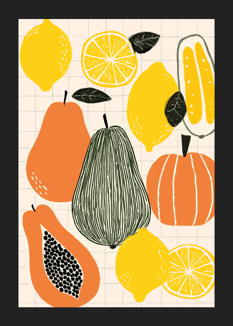 Farebné ovocie a zelenina vytvárajú hravý plagát.-12