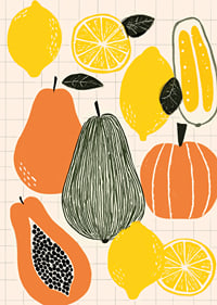 Colorful fruits and vegetables create a playful poster.-7