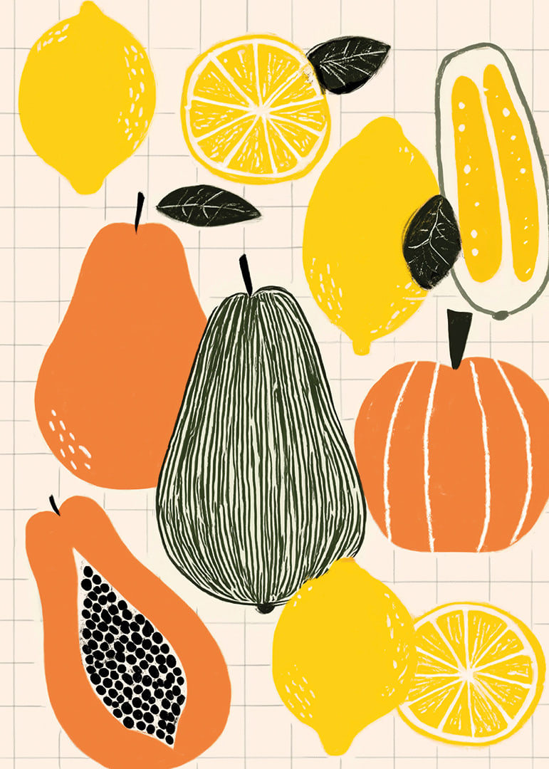 Colorful fruits and vegetables create a playful poster.-12