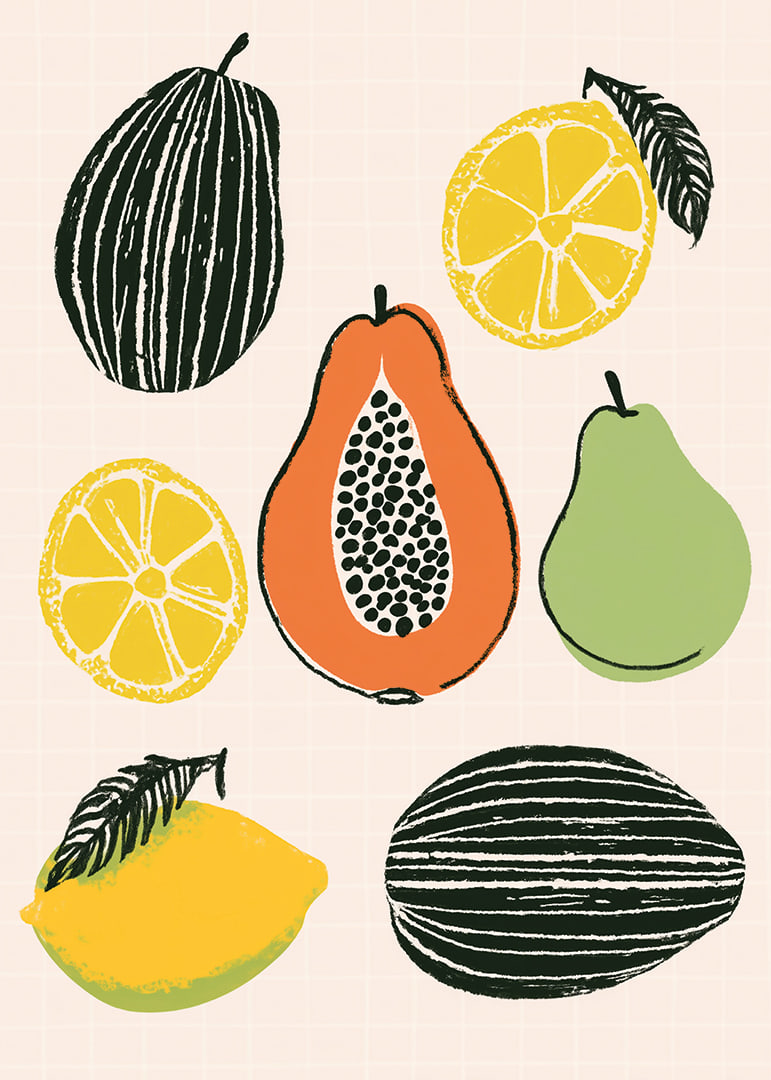 Colorful tropical fruit mix on a stylish poster.-12