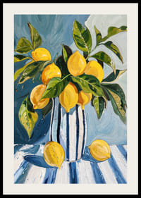 Pintura viva de limões num vaso listrado com tons frescos.-2