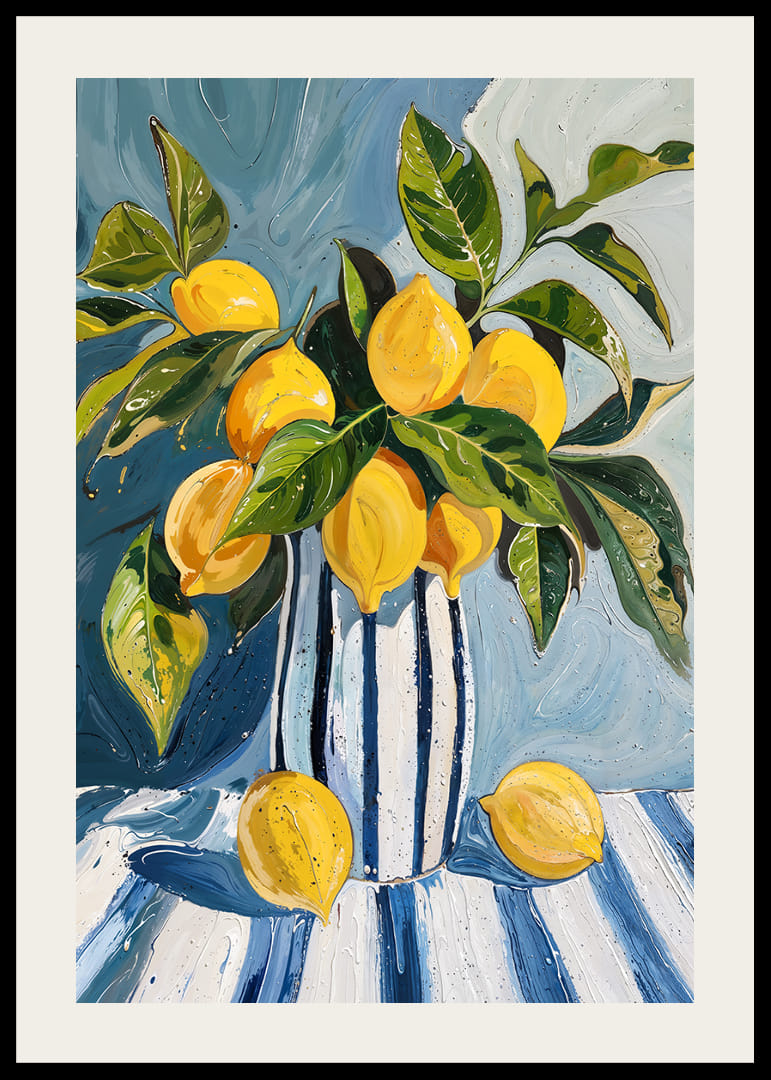 Pintura viva de limões num vaso listrado com tons frescos.-12