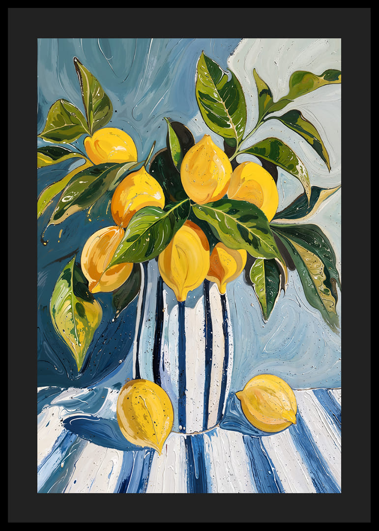 Pintura viva de limões num vaso listrado com tons frescos.-12