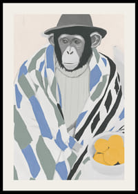 Un mono pensativo envuelto en una manta estampada con un tazón de limón.-2