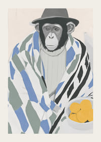 Un mono pensativo envuelto en una manta estampada con un tazón de limón.-3