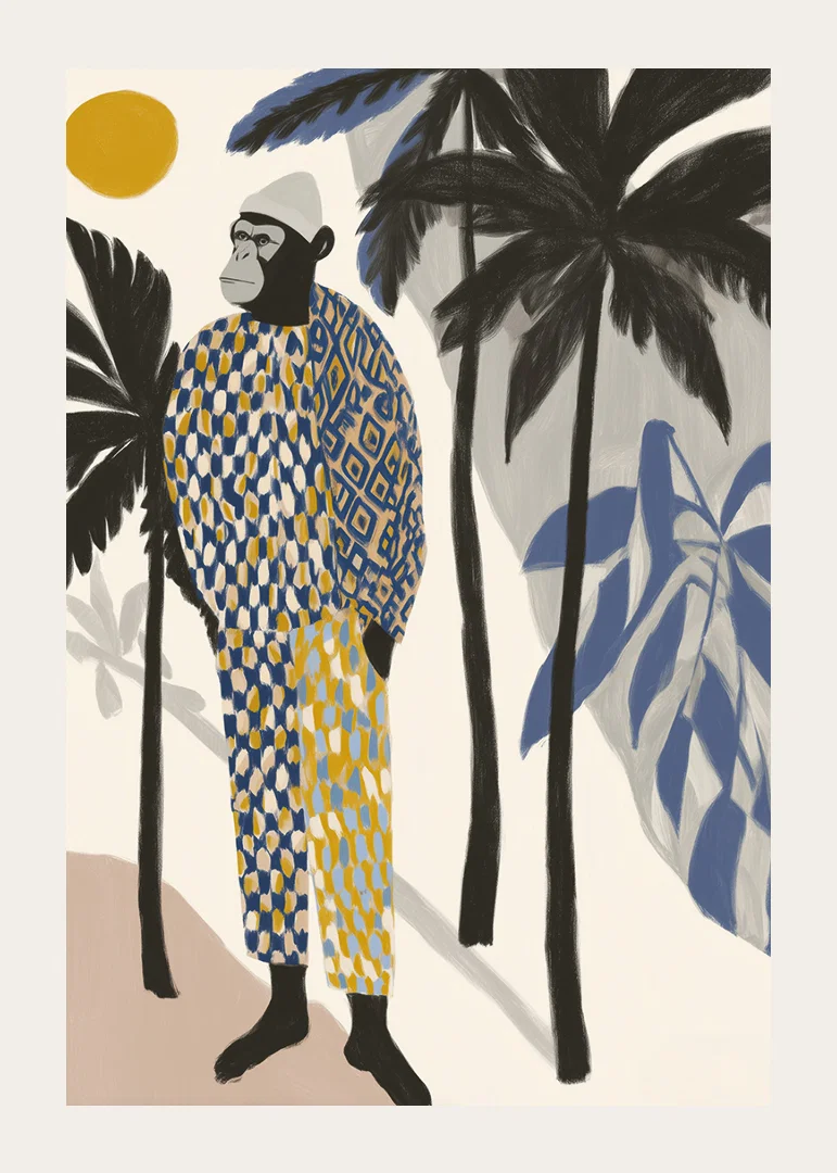 A stylish monkey in a colorful outfit among palm trees.-12