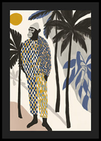 A stylish monkey in a colorful outfit among palm trees.-4