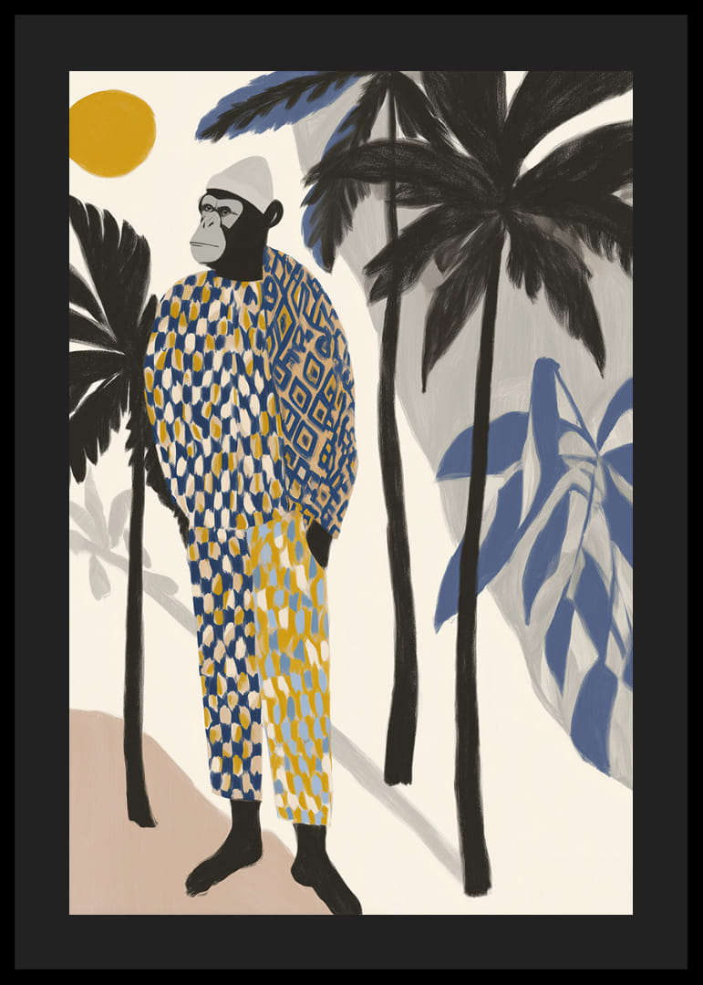 En stilig ape i et fargerikt antrekk blant palmer.-12