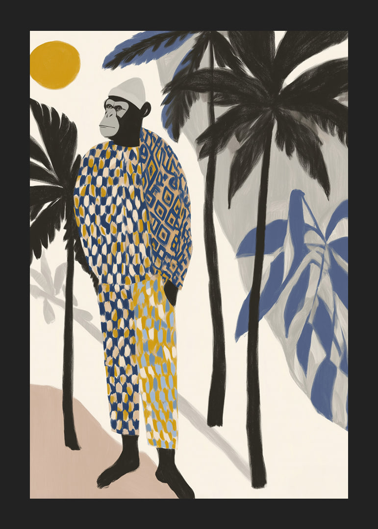 A stylish monkey in a colorful outfit among palm trees.-12