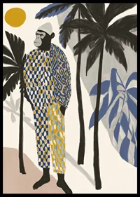 A stylish monkey in a colorful outfit among palm trees.-6