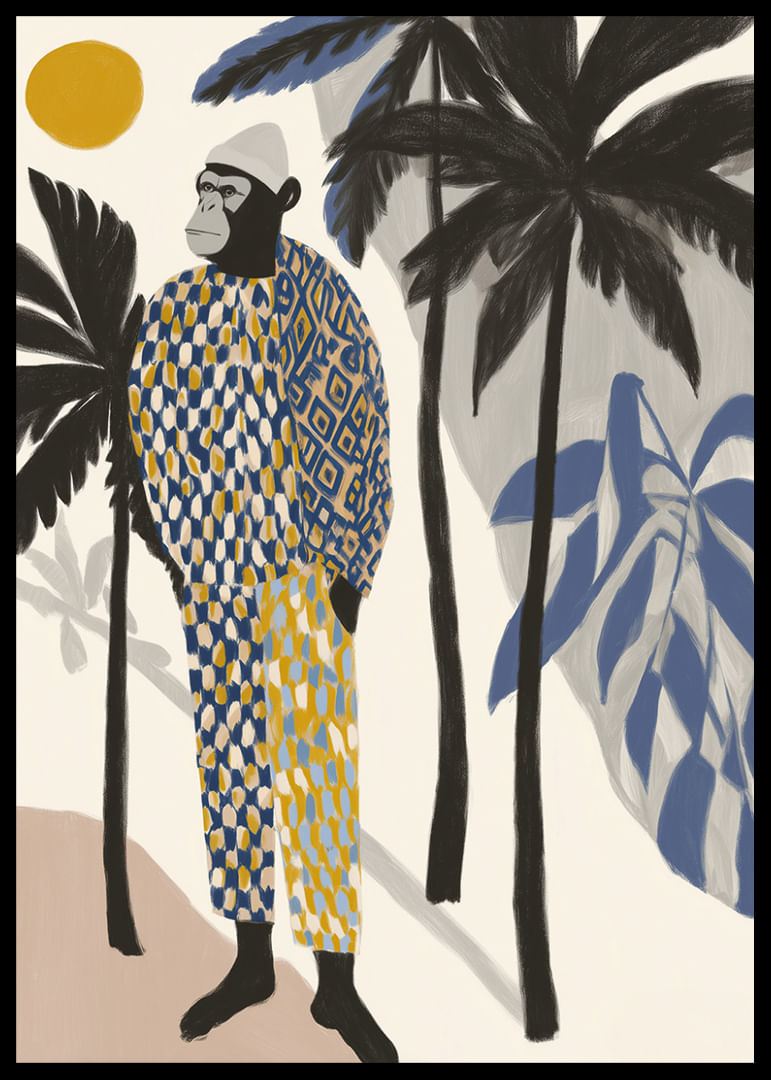 A stylish monkey in a colorful outfit among palm trees.-12