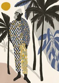A stylish monkey in a colorful outfit among palm trees.-7