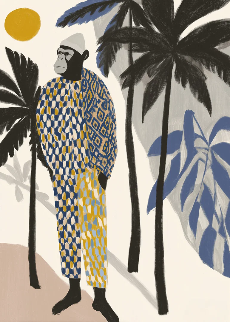 A stylish monkey in a colorful outfit among palm trees.-12