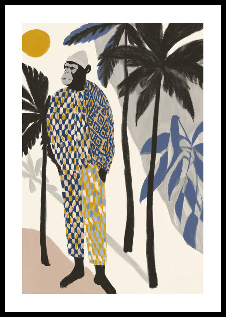 A stylish monkey in a colorful outfit among palm trees.-12