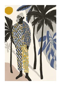 A stylish monkey in a colorful outfit among palm trees.-1