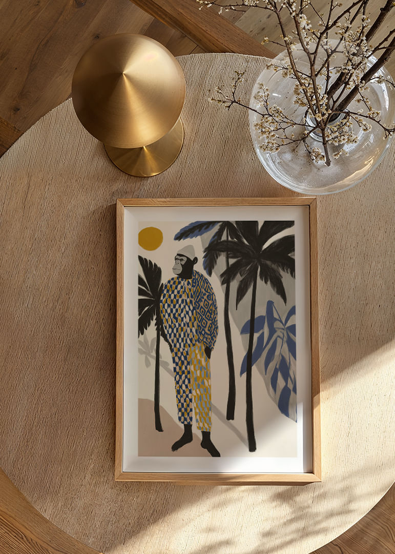 A stylish monkey in a colorful outfit among palm trees.-12
