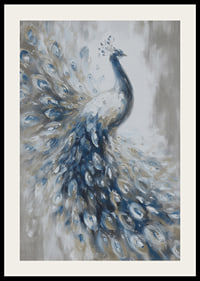 A peacock swoops majestically in blue and white tones.-2